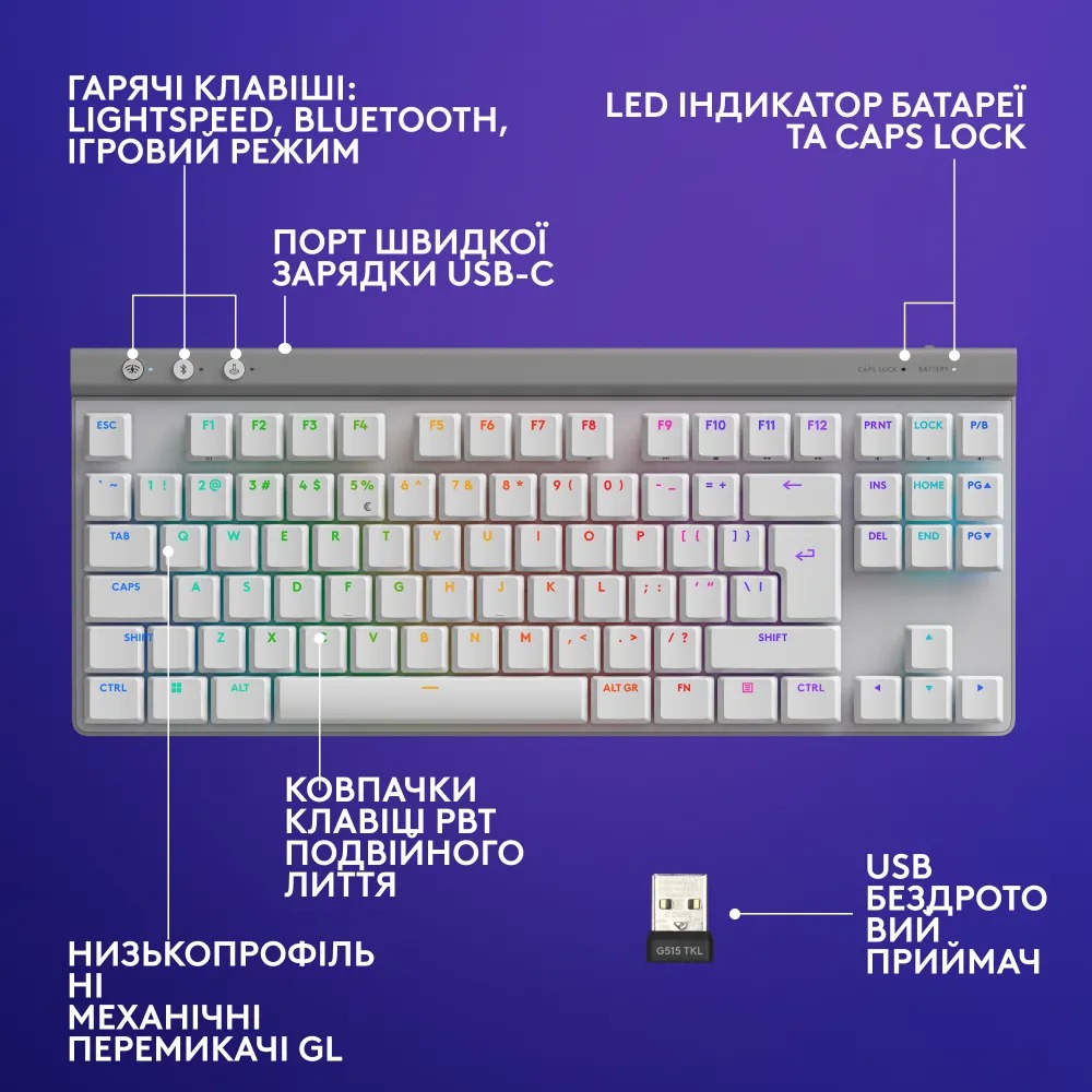 Клавiатура бездротова Logitech G515 Lightspeed TKL White (920-012539)